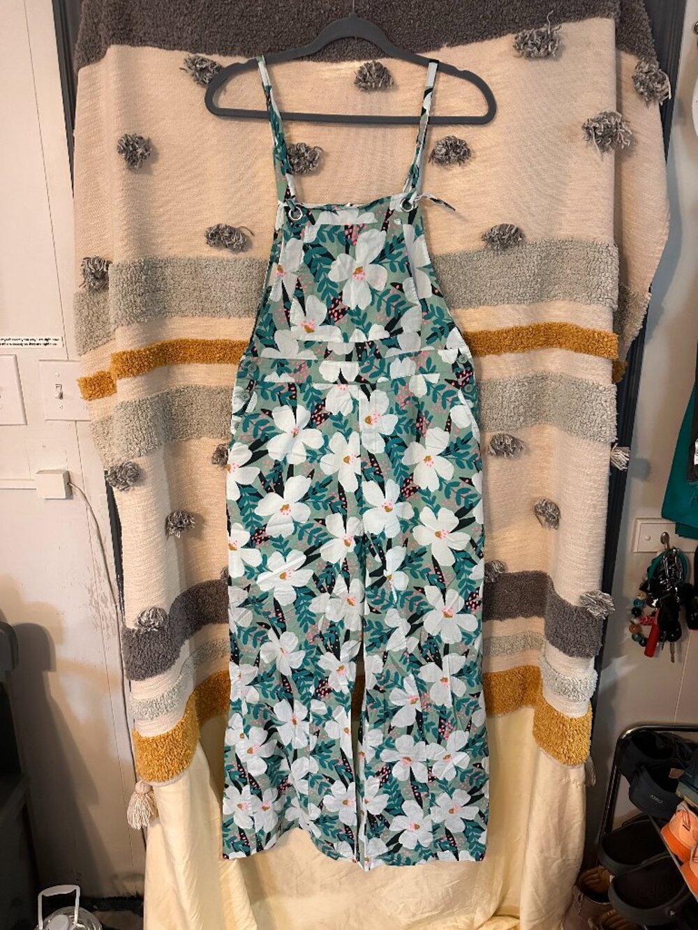 &merci Floral Teal Green Wide Leg Overall Jumpsuit Dungarees - Large